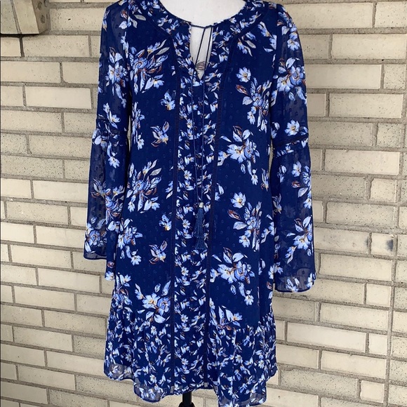 White House Black Market Blue Floral Bell Sleeve Boho Lined Dress New - Picture 4 of 9